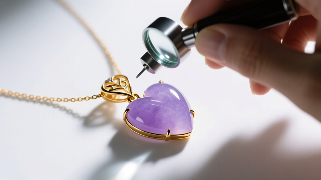 Jeweler inspecting the gold bail and carving lines of a lavender jade heart necklace with a loupe under bright, cool LED lighting.