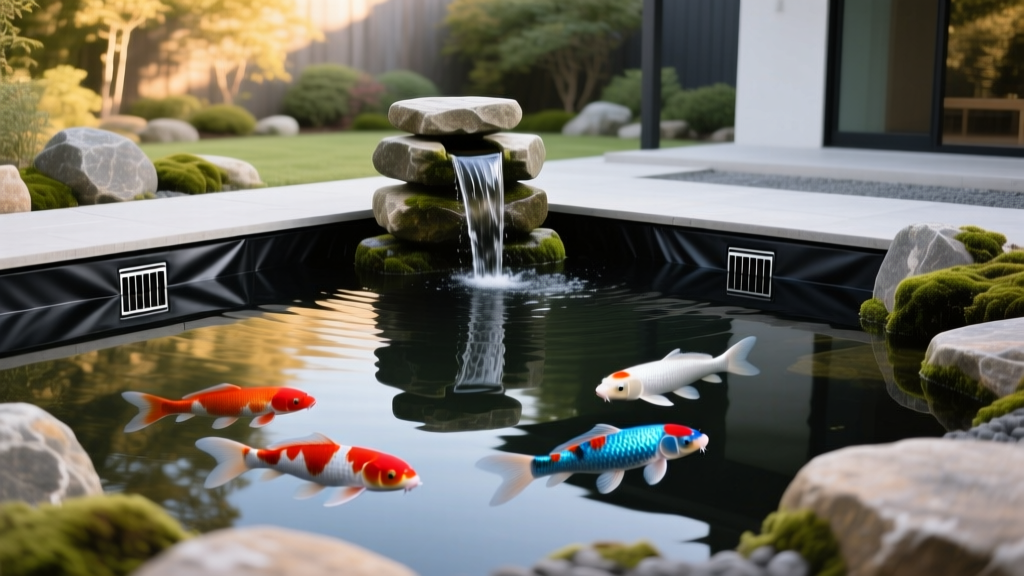 Excavated backyard koi pond with black EPDM liner, bottom drain, and stacked stone waterfall filter ready for Japanese koi