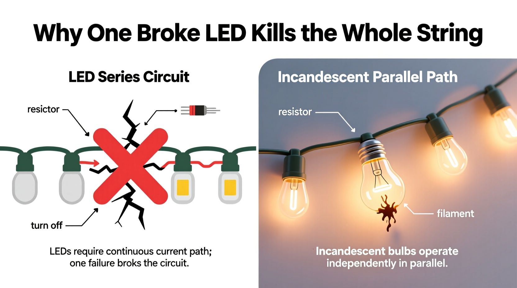 why does one broken bulb kill the whole string led vs incandescent