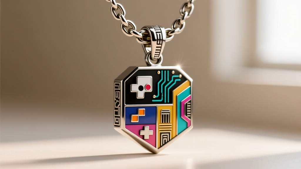 Close-up of a 4mm steel Figaro chain with a heavy lobster clasp supporting a thick, detailed geometric pop-culture mashup pendant
