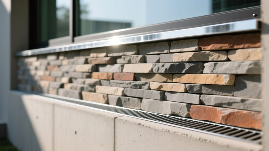 Close-up of manufactured stacked stone veneer installed on a concrete foundation wall with a galvanized weep screed flashing above grade