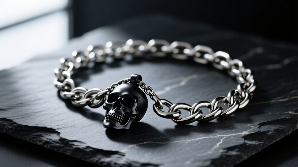 Close-up of a heavy stainless steel Cuban link chain with a matte black skull pendant resting on dark slate, moody lighting.