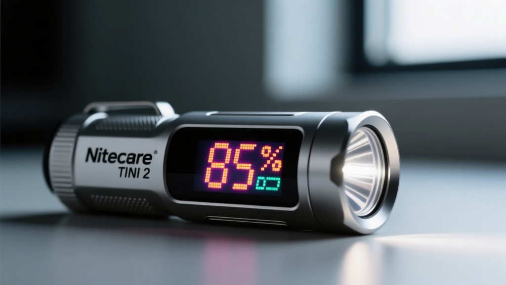 Close-up macro shot of the Nitecore TINI 2 keychain flashlight OLED display showing 85 percent battery life in a dimly lit room