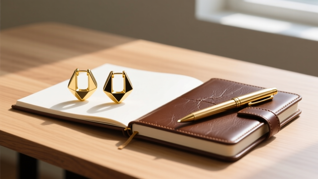 Flat lay graduation gift setup with geometric 14k gold huggie earrings, a leather journal, and a brass pen resting on an oak desk