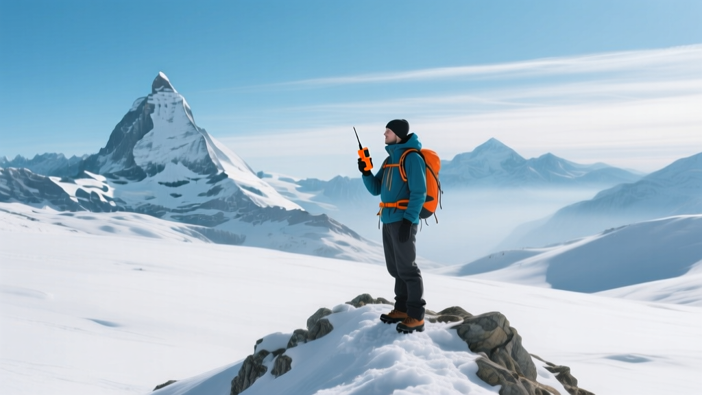 A hiker holding an orange satellite communicator against snow-capped alpine peaks under a crisp, clear blue winter sky.