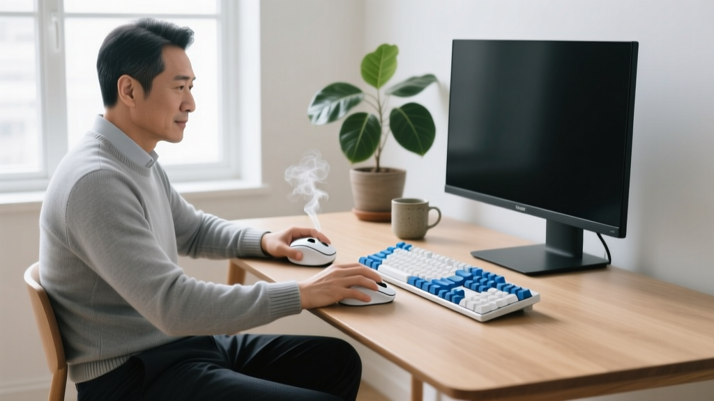 Professional at a desk using a white Logitech Lift vertical ergonomic mouse and a split mechanical keyboard to prevent wrist strain