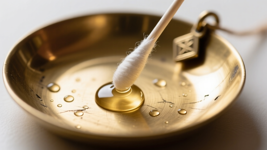 Close-up of a cotton swab applying isopropyl alcohol inside a raw brass pendant tray to prepare the metal for permanent adhesive bonding