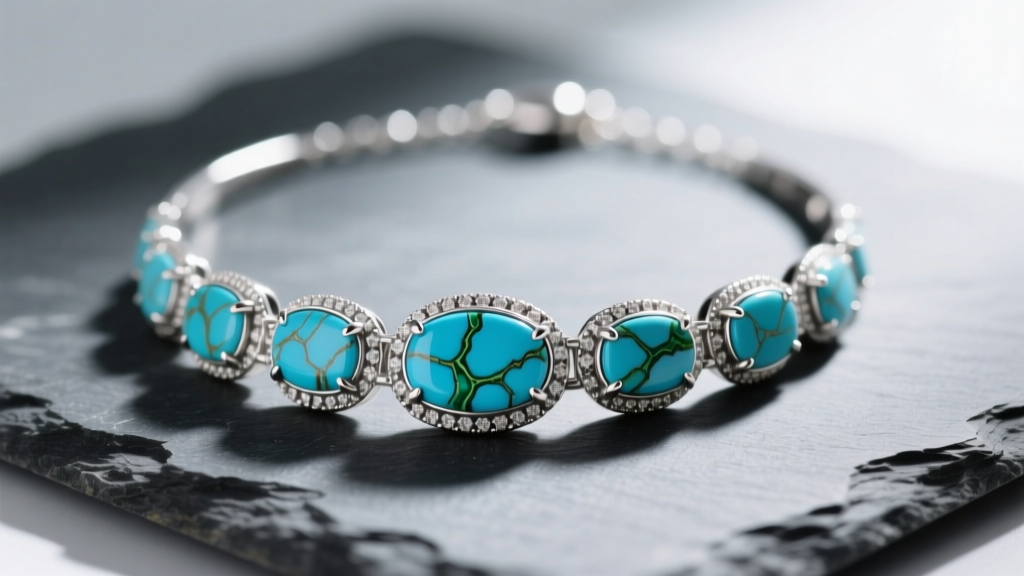 Close-up of sterling silver and turquoise necklace on slate, highlighting intricate bezel settings and natural stone matrix veining.