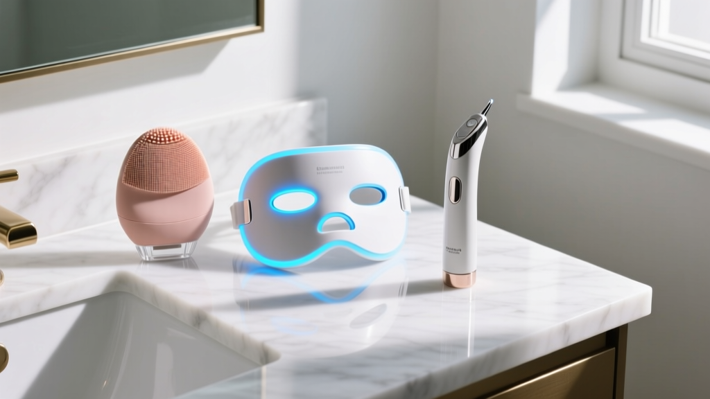 Flat lay of budget skincare gadgets including a silicone sonic cleanser, LED light therapy mask, and acne wand on a white marble bathroom vanity