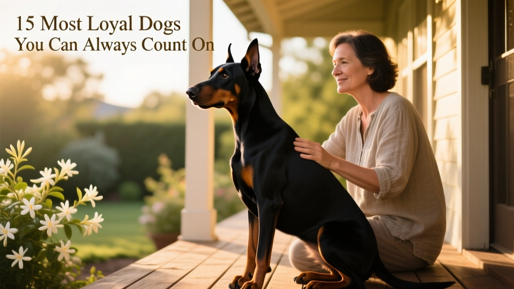 A Doberman Pinscher sitting attentively beside its owner on a sunlit porch