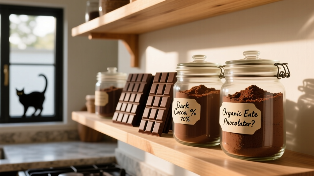 Chocolate bars and cocoa powder securely stored in labeled glass jars on a high kitchen shelf