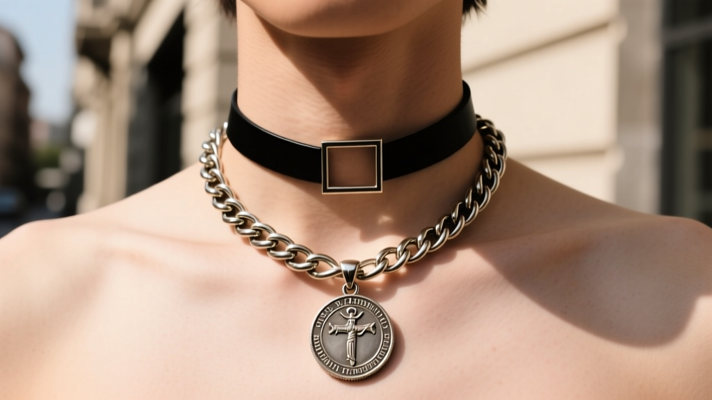 Street style portrait showing a chunky 22mm St. Christopher coin pendant on a thick figaro chain, layered with a minimalist choker