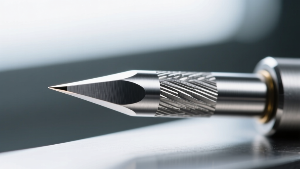 Macro shot of a sharpened tungsten electrode needle for jewelry welding, showing precise grinding lines and a pristine tip.