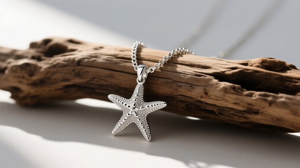 Flat lay of a 925 sterling silver starfish pendant on a rolo chain, resting on weathered driftwood under soft, natural sunlight.