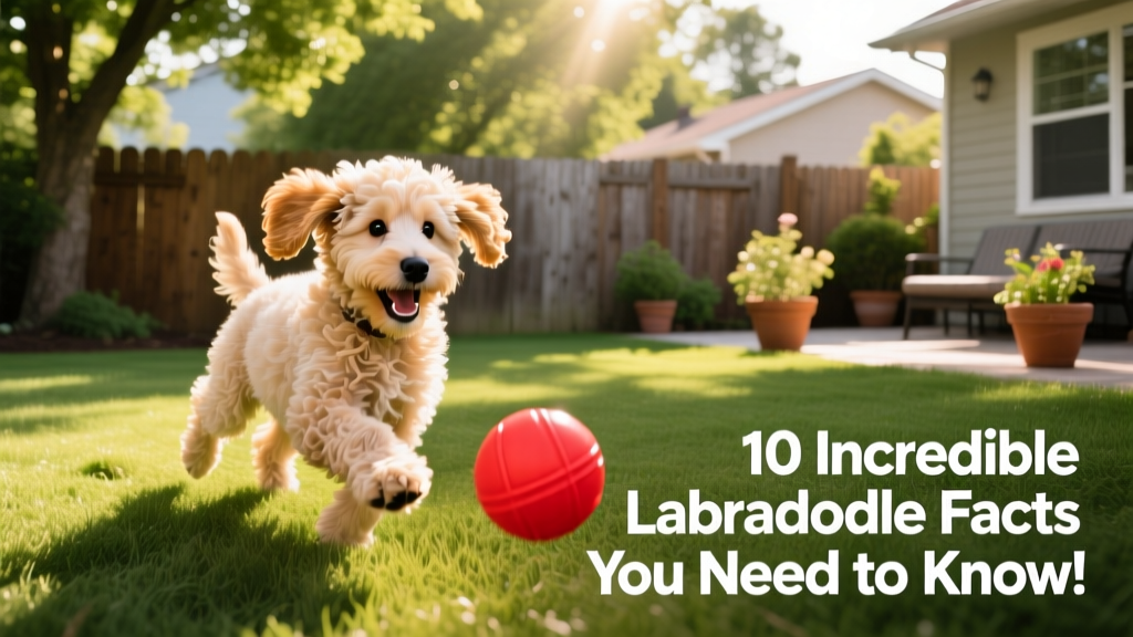 A joyful Labradoodle puppy playing with a red ball in a sunlit backyard
