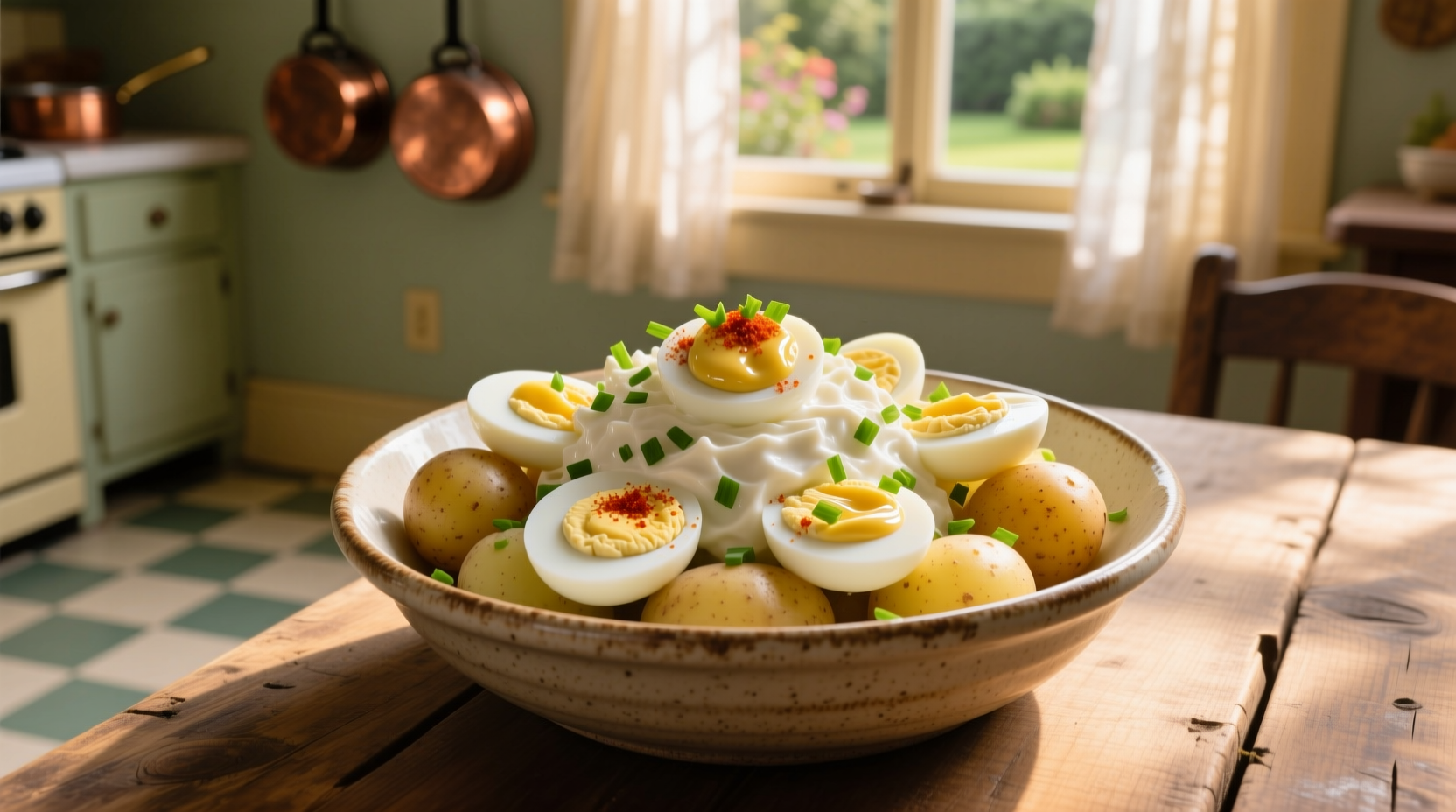 Creamy deviled egg potato salad in serving bowl