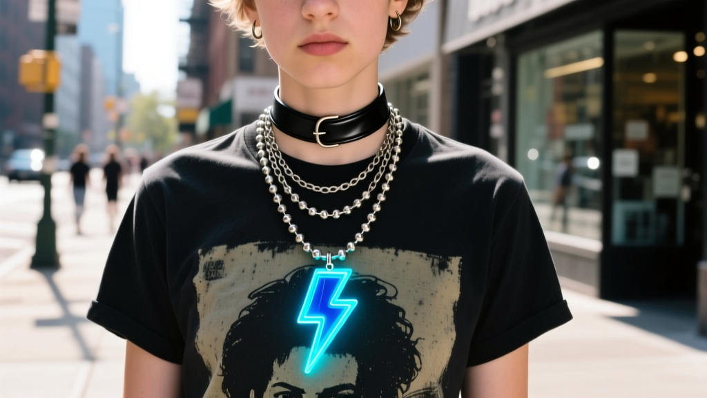 Street style photo of person in band tee wearing 14-inch choker and 20-inch ball chain scene necklace with a neon acrylic charm