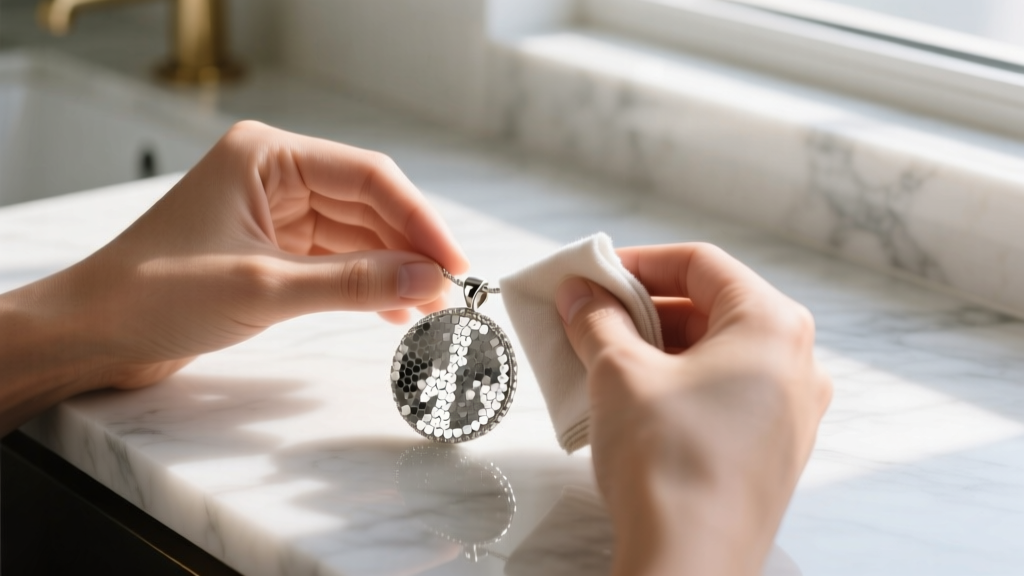 Hands polishing a sterling silver metal sequin disc pendant with a microfiber cloth on a marble vanity in soft morning light.