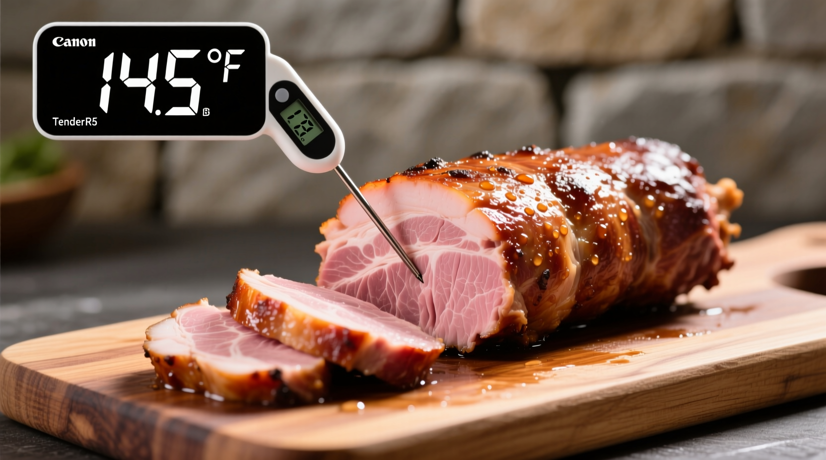 Perfectly cooked pork tenderloin with internal temperature reading