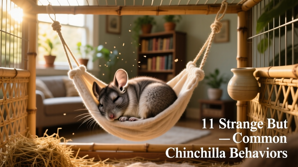 A chinchilla curled up asleep in a cozy hammock inside its cage