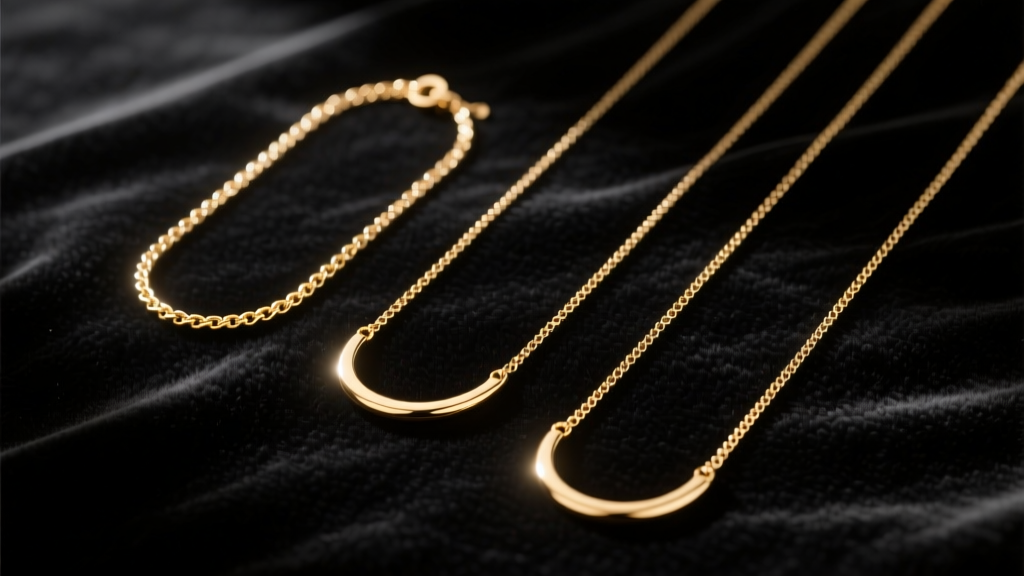 Overhead flat lay of three gold necklaces in 16, 18, and 20 inch lengths, arranged on dark velvet to show exact drop differences.