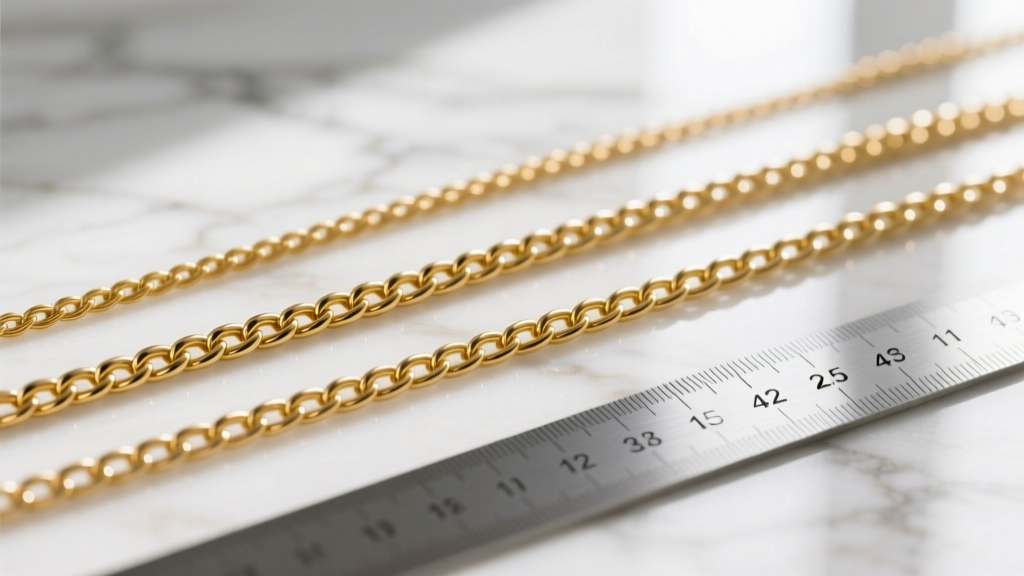 Macro photography comparing three gold cable chain widths, 1mm, 2.5mm, and 4mm, laid parallel on white marble with a metal ruler.