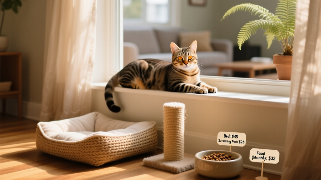 A relaxed domestic cat lounging on a sunlit windowsill with a few basic supplies nearby—bed, scratching post, and food bowl