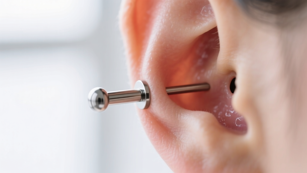 Macro photography of an 18-gauge implant-grade titanium labret stud resting beside a clean, healthy earlobe piercing fistula.