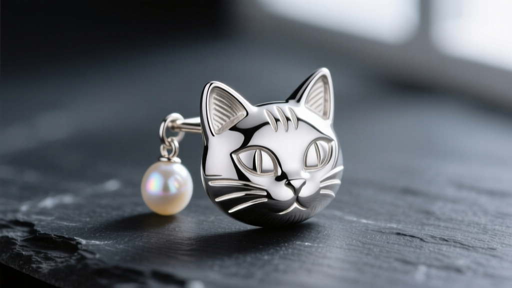 Close-up of a whimsical sterling silver cat face stud featuring a dangling freshwater pearl earring, photographed on dark slate.