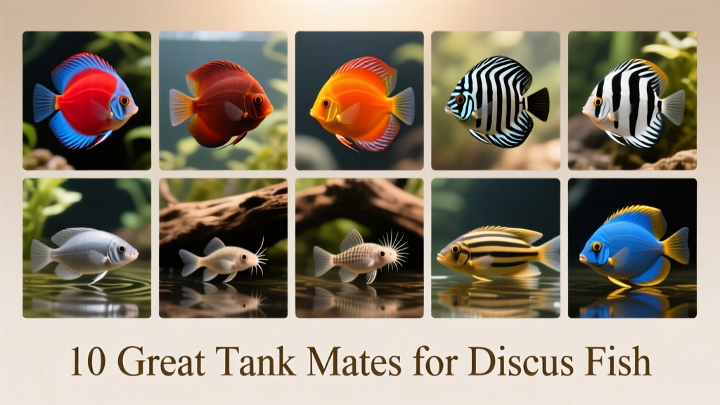 Side-by-side portrait-style photos of ten recommended discus tank mates: cardinal tetras, rummy nose tetras, ember tetras, harlequin rasboras, kubotai rasboras, sterbai corydoras, pygmy corydoras, bristlenose plecos, ram cichlids, and Bolivian rams