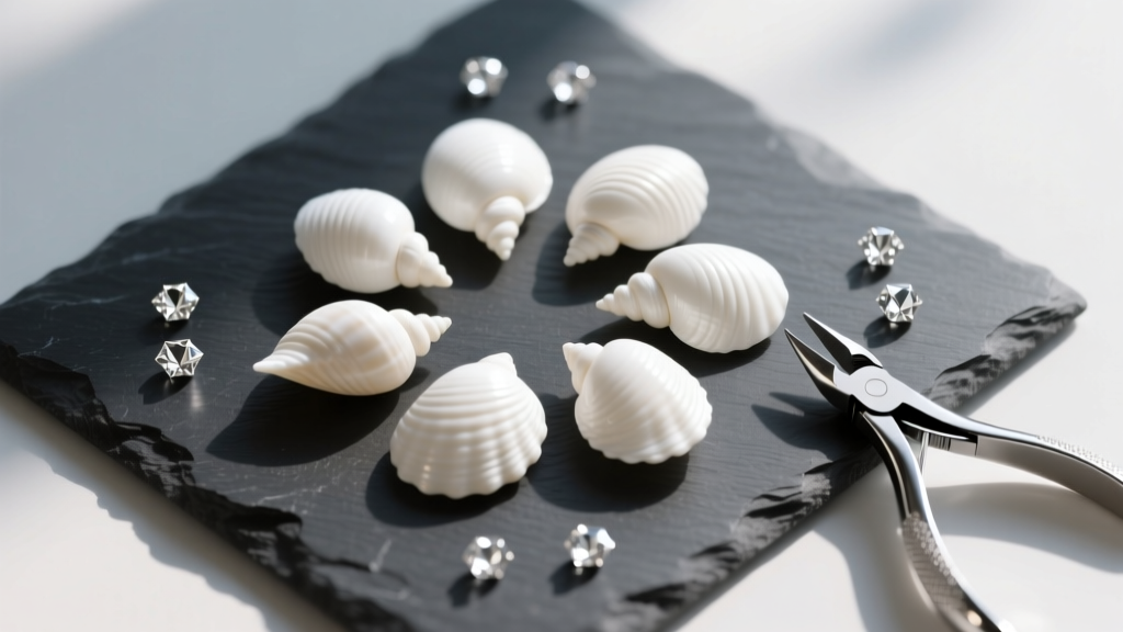 Overhead view of white cowrie shells on a dark slate mat, surrounded by diamond micro drill bits and jewelry pliers in bright light