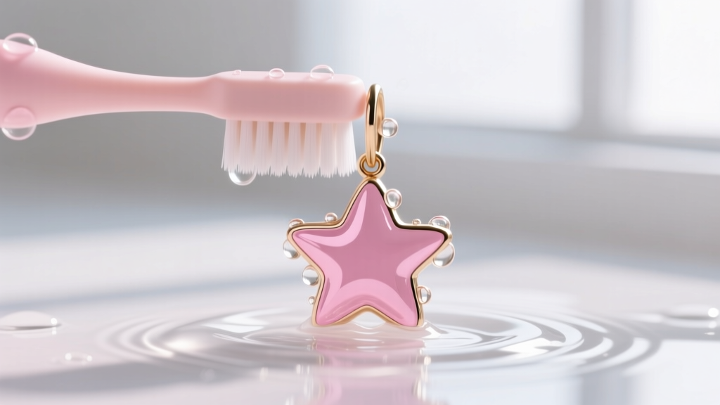 Close-up of a soft baby toothbrush gently scrubbing a pink enameled starburst earring in lukewarm soapy water, macro style