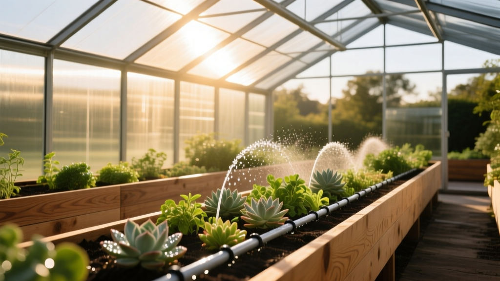 Sunlight streaming through a modern polycarbonate greenhouse structure with raised cedar planting beds and automated drip lines