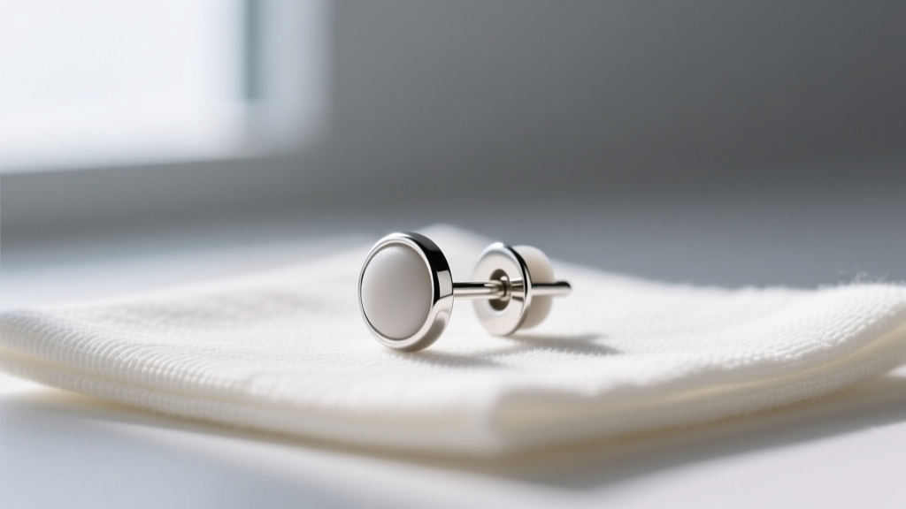 Close-up of a 20-gauge sterling silver post earring with a silicone friction back resting on an anti-tarnish microfiber cloth