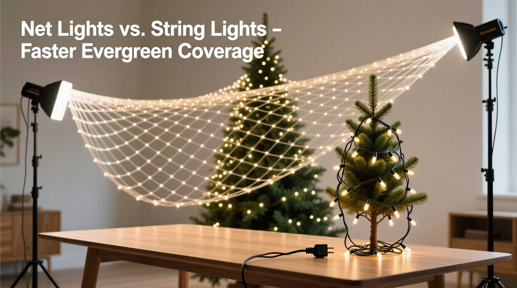 how to use net lights instead of string lights for faster evergreen coverage