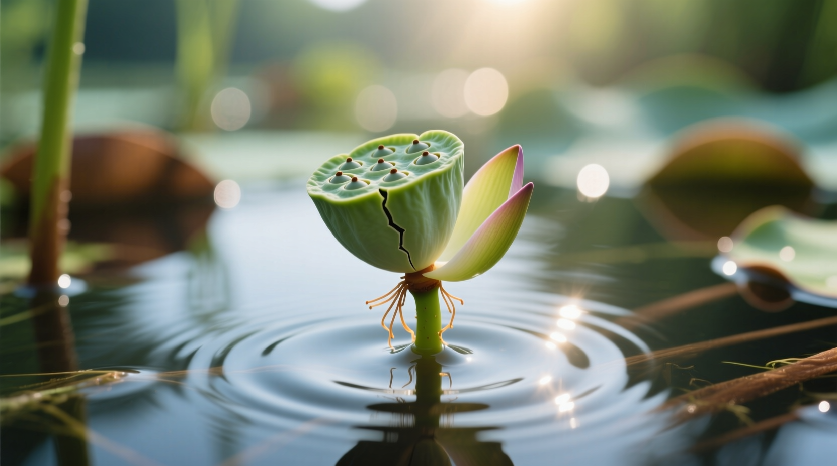 Close-up of lotus seed germination stages in water