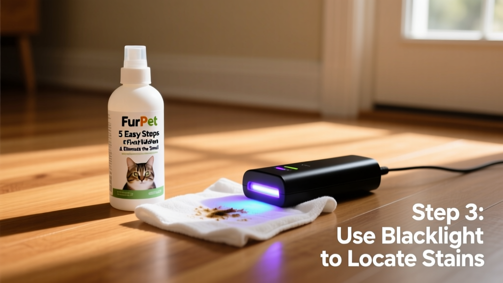 Close-up of FurPetVo enzymatic cleaner bottle next to a blacklight and clean white cloth on a hardwood floor