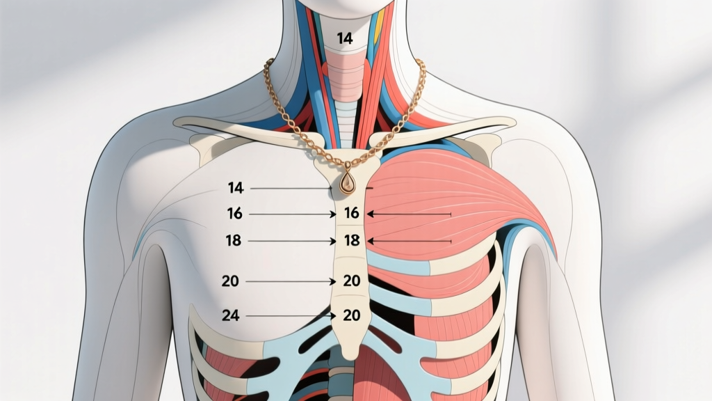 Minimalist line drawing of a torso showing exact anatomical landing zones for 14, 16, 18, 20, and 24-inch necklace chain drops.