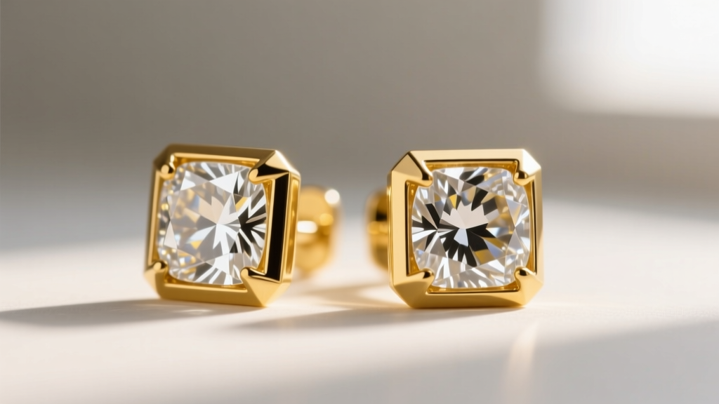 Side profile of 18k yellow gold diamond square earrings highlighting the contrast between warm metal and icy diamond facets.