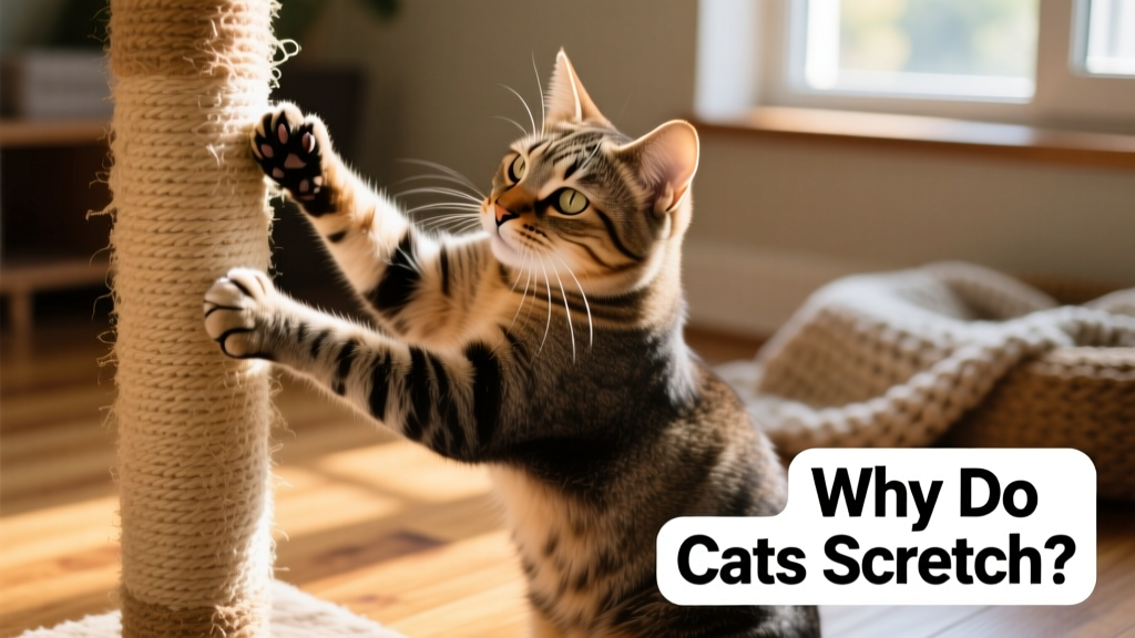 Close-up of a cat mid-scratch on a sturdy sisal post, claws extended and muscles engaged