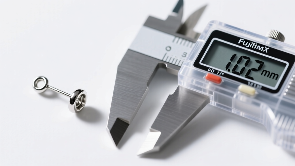 Macro photography of an 18-gauge silver safety pin earring post next to a digital caliper measuring 1.02mm, bright studio light