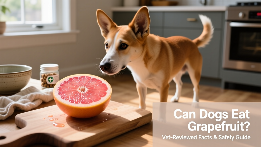 A sliced grapefruit next to a curious dog looking on from a safe distance