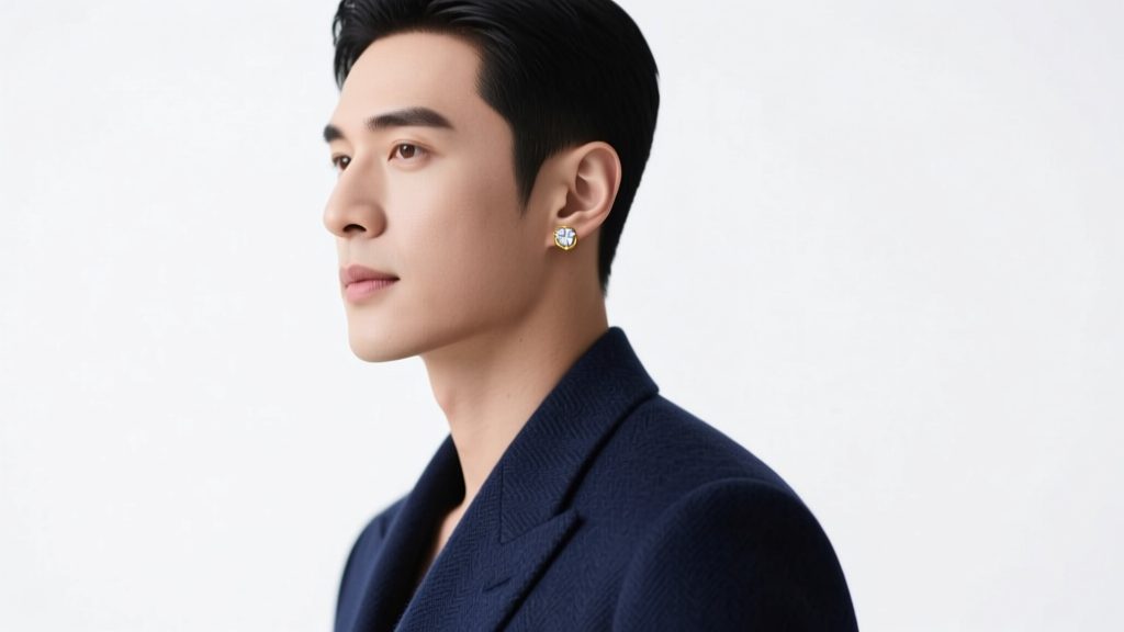 Well-groomed man in a navy suit wearing a subtle 18-gauge 14k gold bezel-set diamond stud earring, soft studio lighting