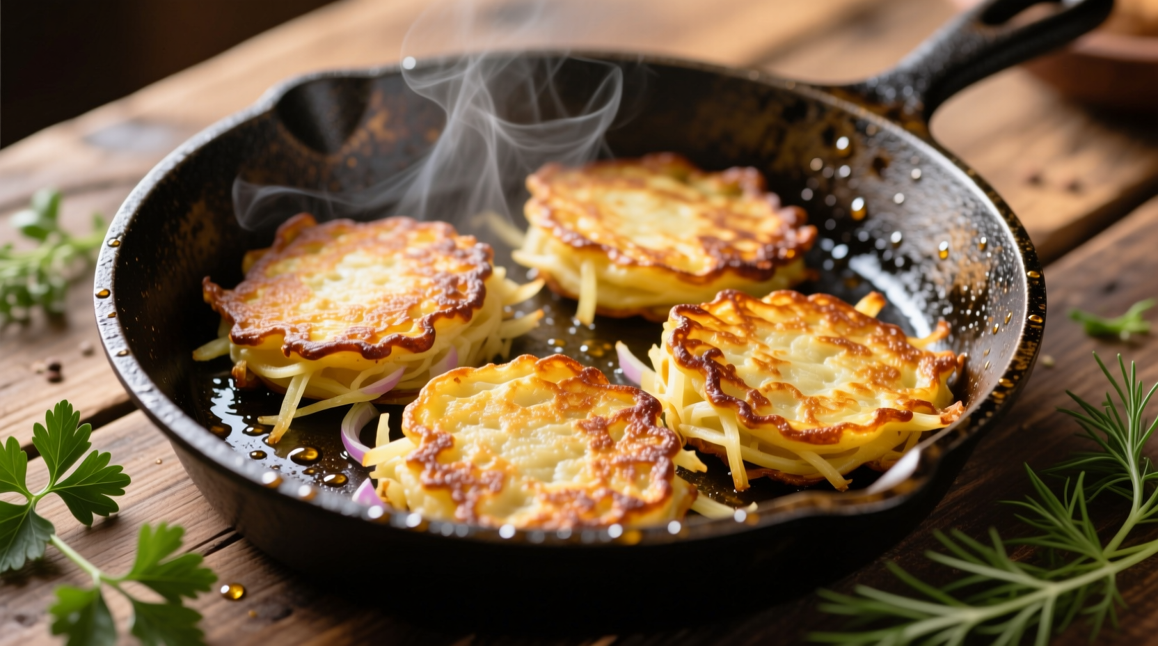 Perfectly golden potato pancakes on cast iron skillet