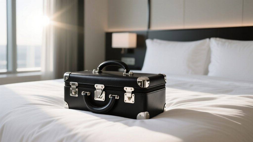 Black Taiga leather Louis Vuitton travel jewelry case with silver hardware resting on a luxury hotel bed with crisp white linen
