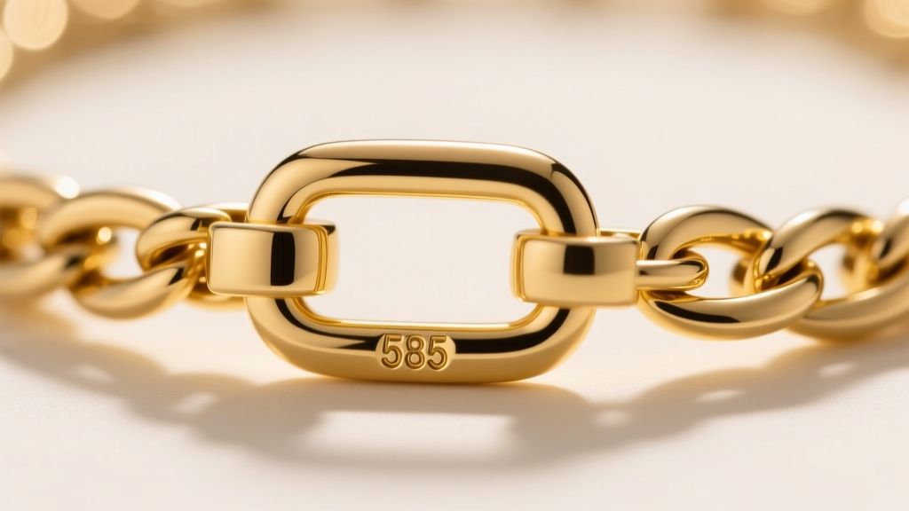 Macro shot of a 14k yellow gold Figaro chain clasp, showing the lobster claw mechanism and stamped 585 purity hallmark clearly.