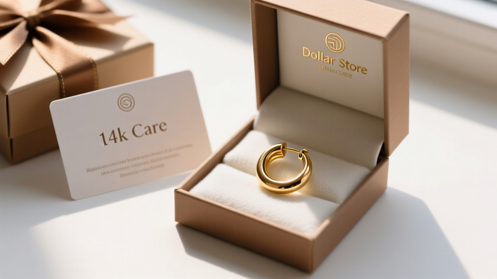 Printed jewelry care card resting beside an open dollar store gift box containing a 14k gold hoop earring and microfiber cloth
