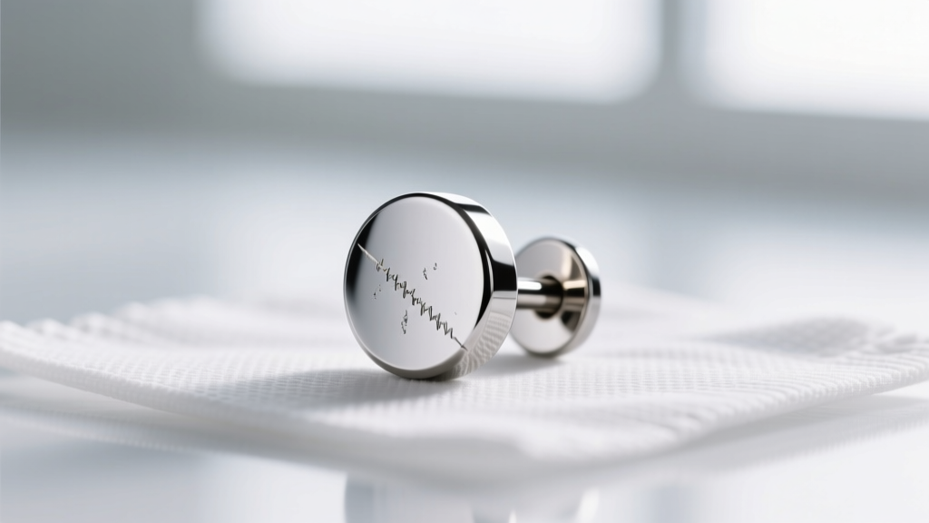Macro shot of implant-grade titanium flat back labret earring with mirror finish resting on a sterile medical drape in sharp focus