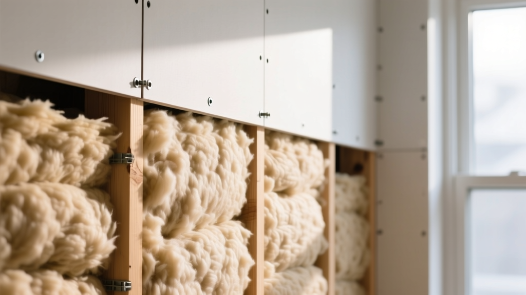 Dense mineral wool thermal insulation material packed between wooden wall studs with soundproofing drywall being installed over the framing.