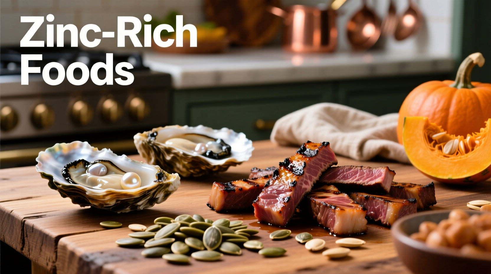 Colorful display of zinc-rich foods including oysters, beef, and pumpkin seeds